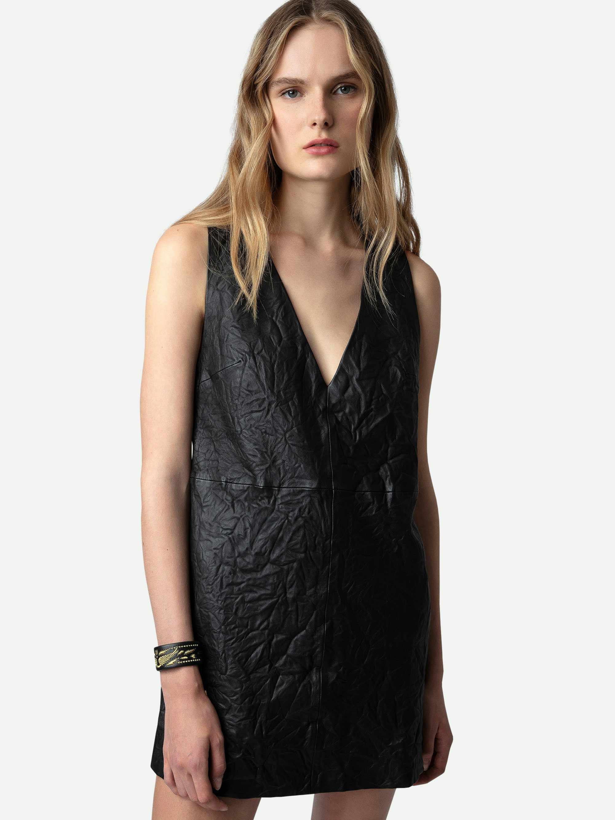 Rasha Crinkled Leather Dress - Short black crinkled leather sleeveless dress with V neckline.